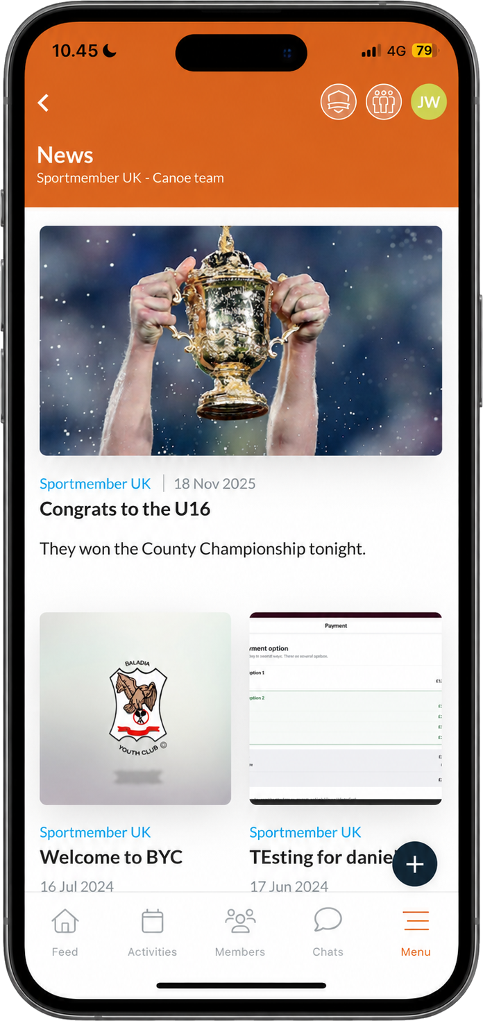 The SportMember club app: club feed with Members, Activities and Chats in the club navigation