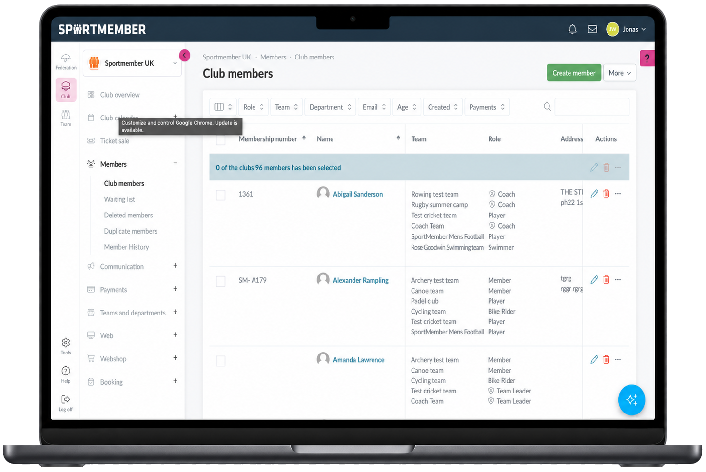 Club members in the SportMember web admin: every member of the club in one filterable list with team, role and payment status