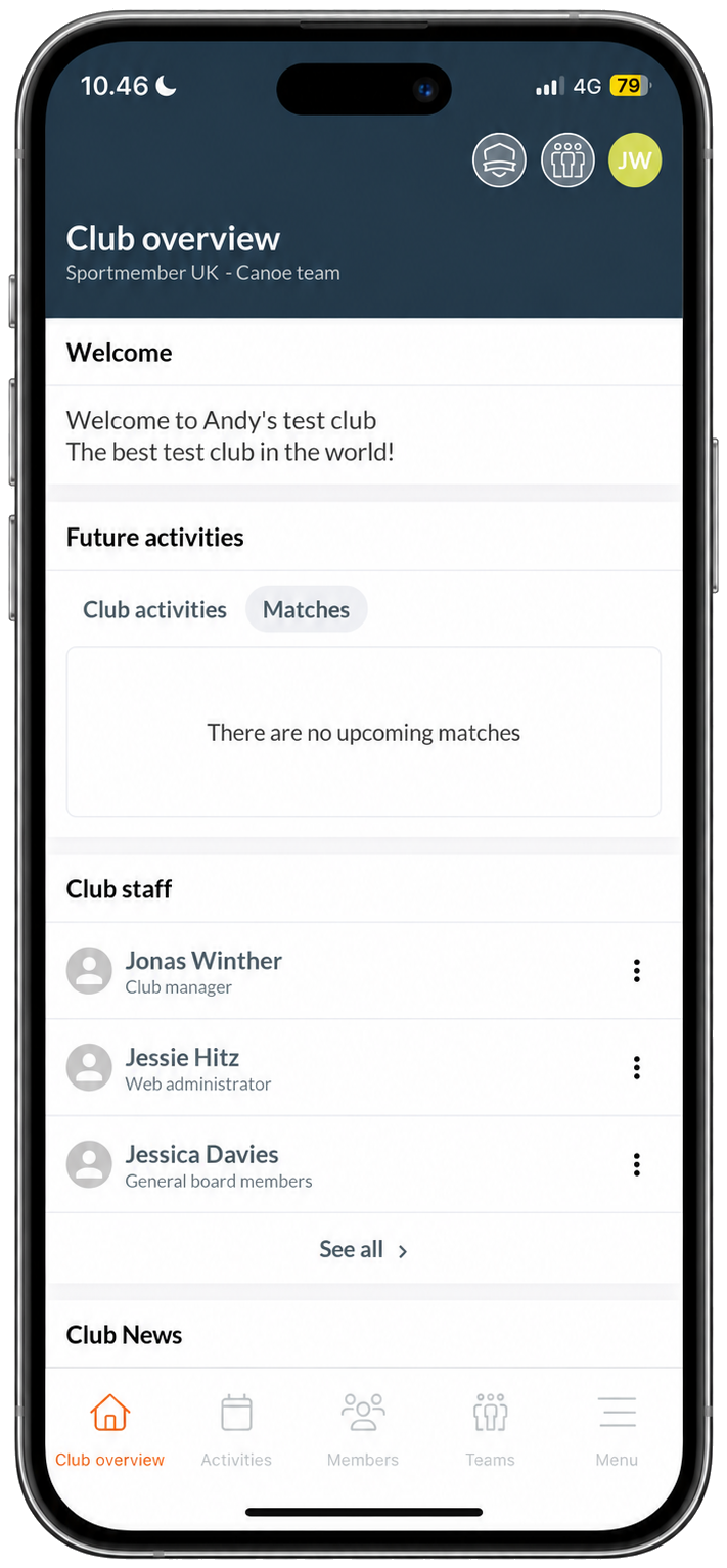 Club overview in the SportMember app, listing club staff with their roles: club manager, web administrator and board members