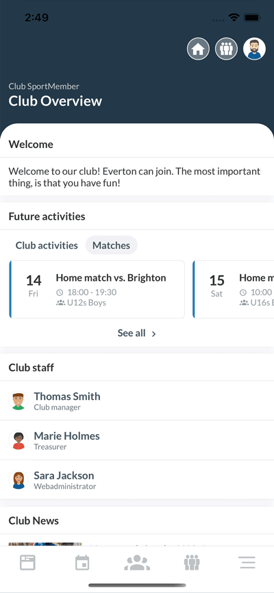 Club overview in the SportMember app, listing club staff and their roles