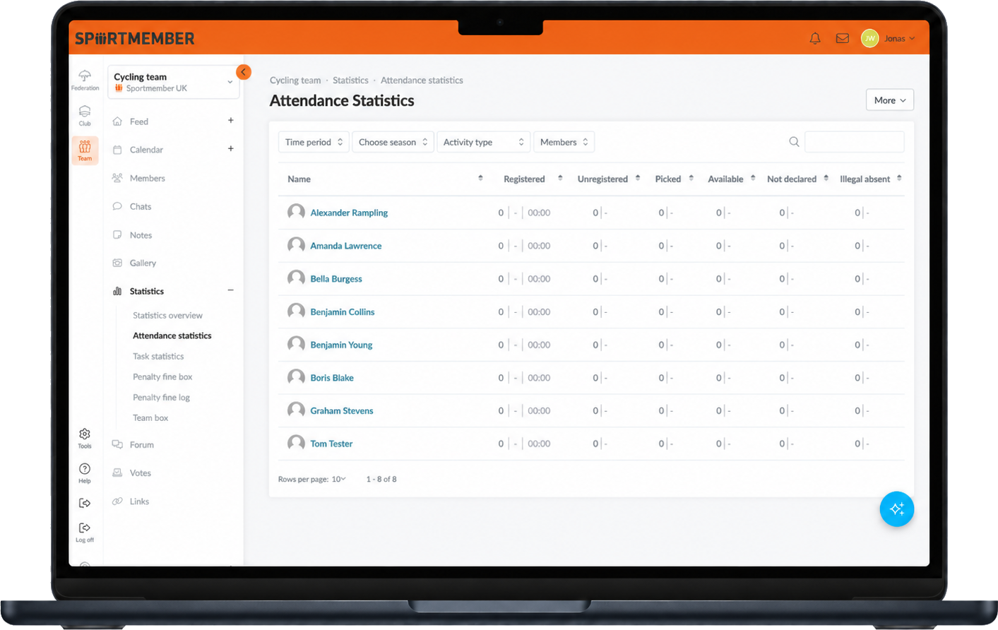 Member records per team in the SportMember web admin, with a row for every member